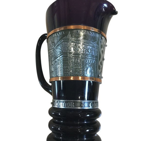 VTG Gdańsk Poland Souvenir Pitcher & Goblet Set – Amethyst Glass & Metal Etching - Picture 2 of 16